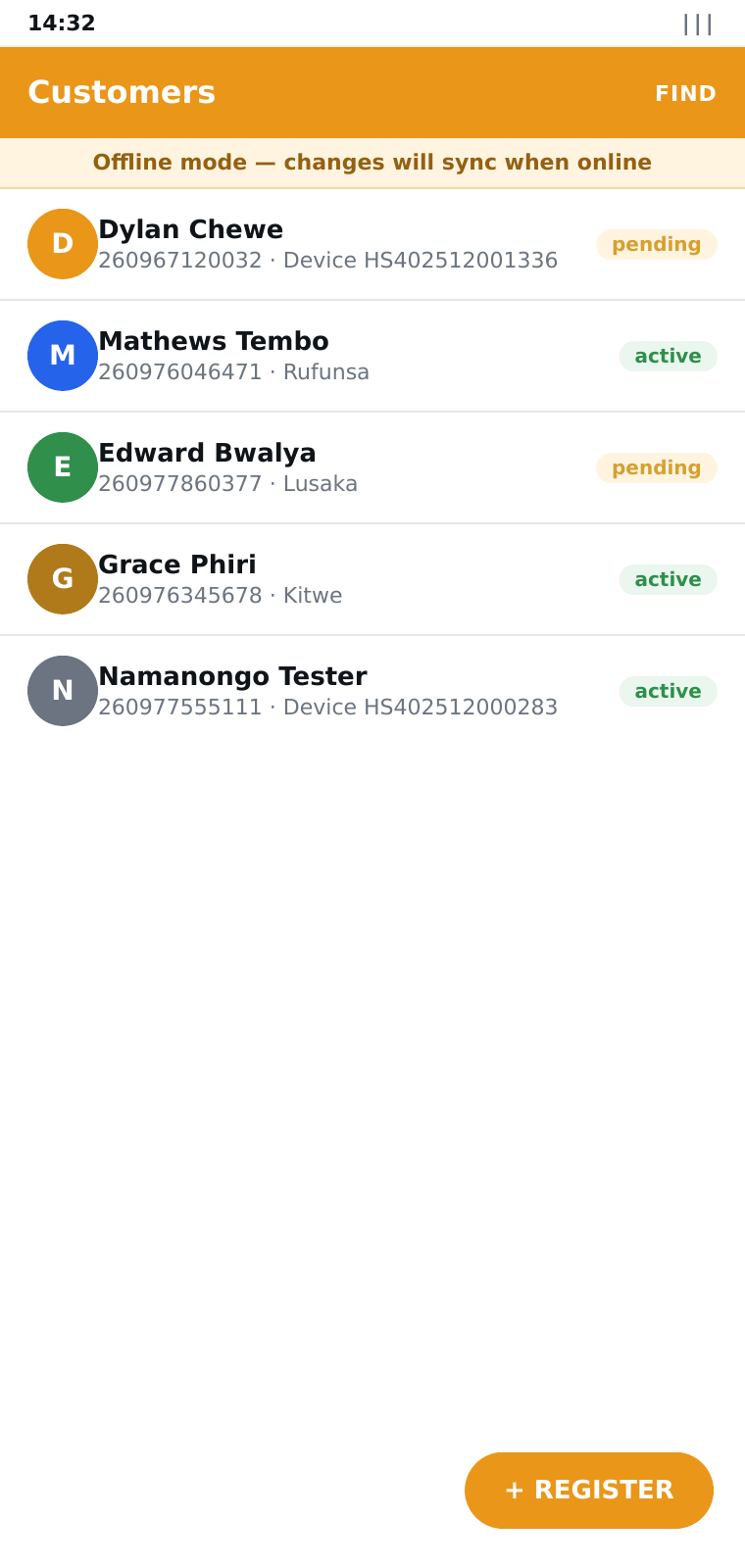 Customer list with offline banner + GPS pin