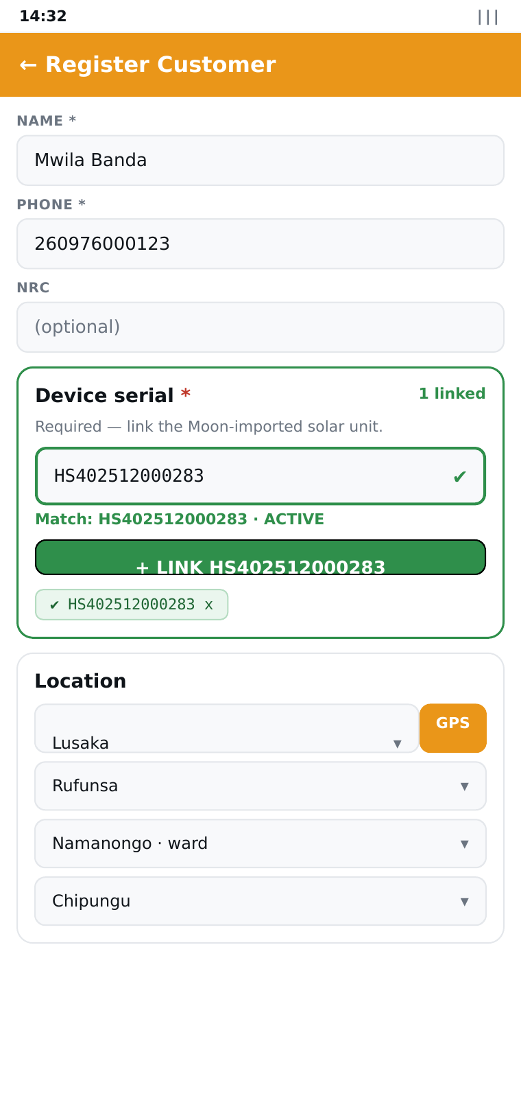 Register customer — full KYC, GPS, province → district → ward → village