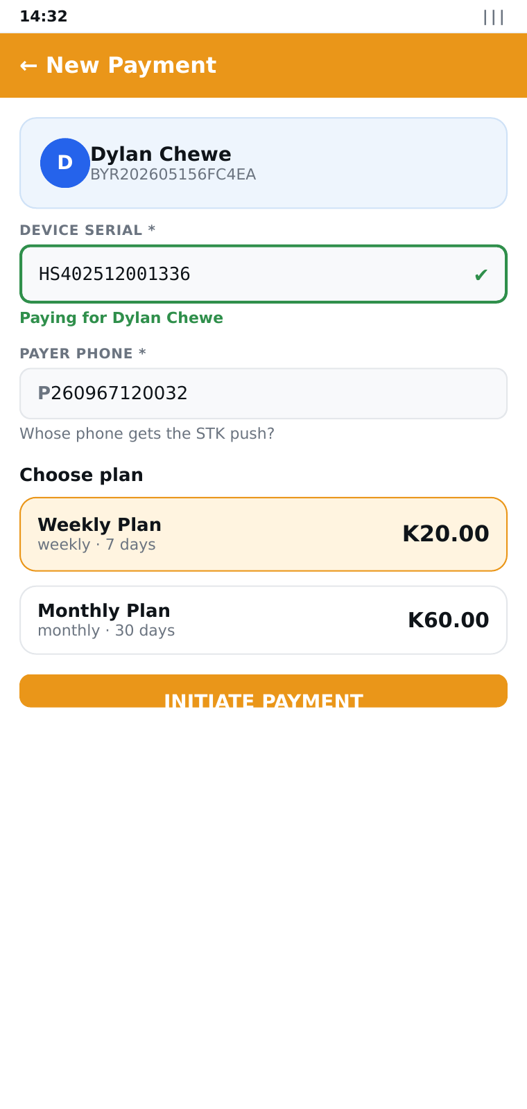 Payment — account, plan, STK push