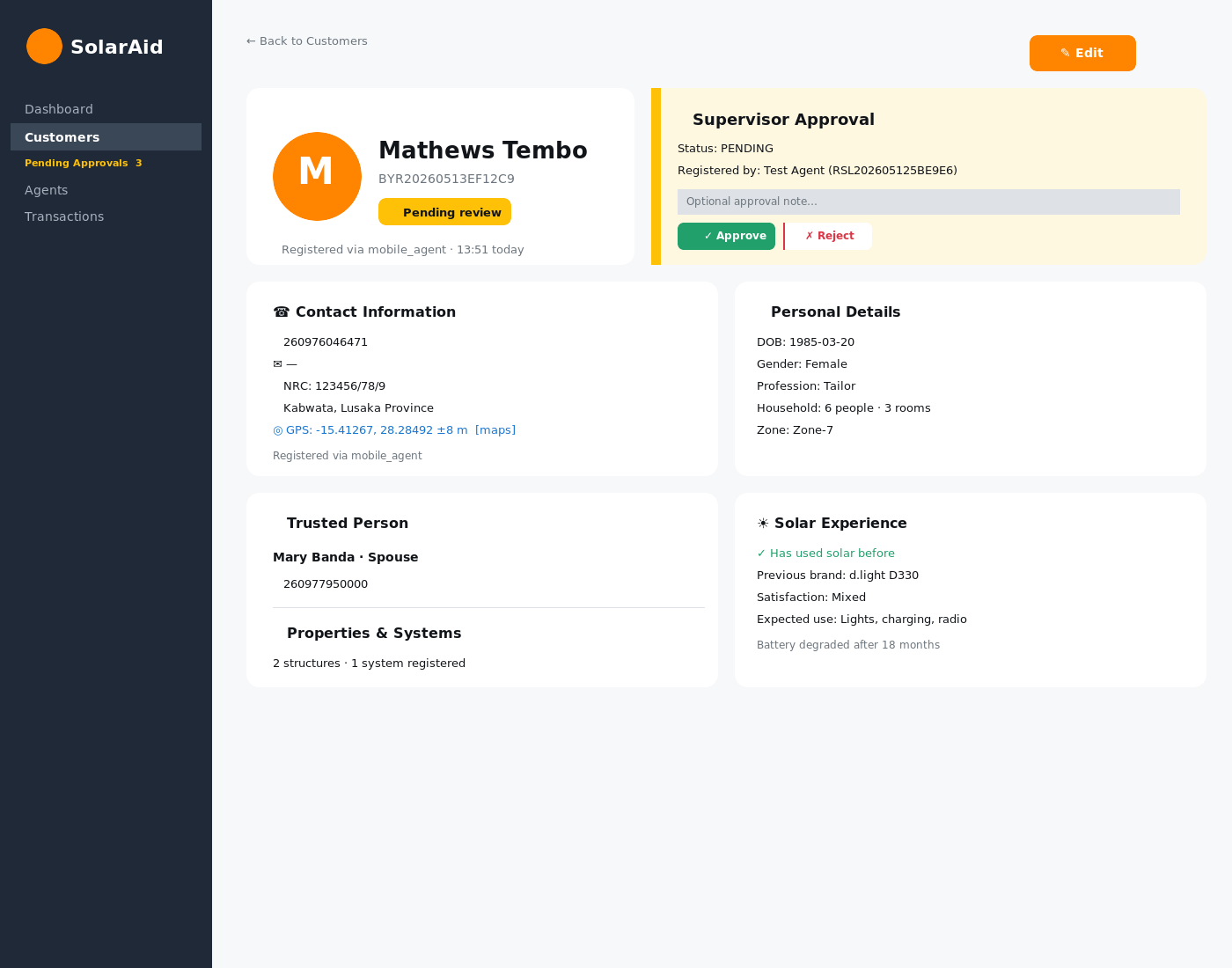 Customer detail with supervisor approval card